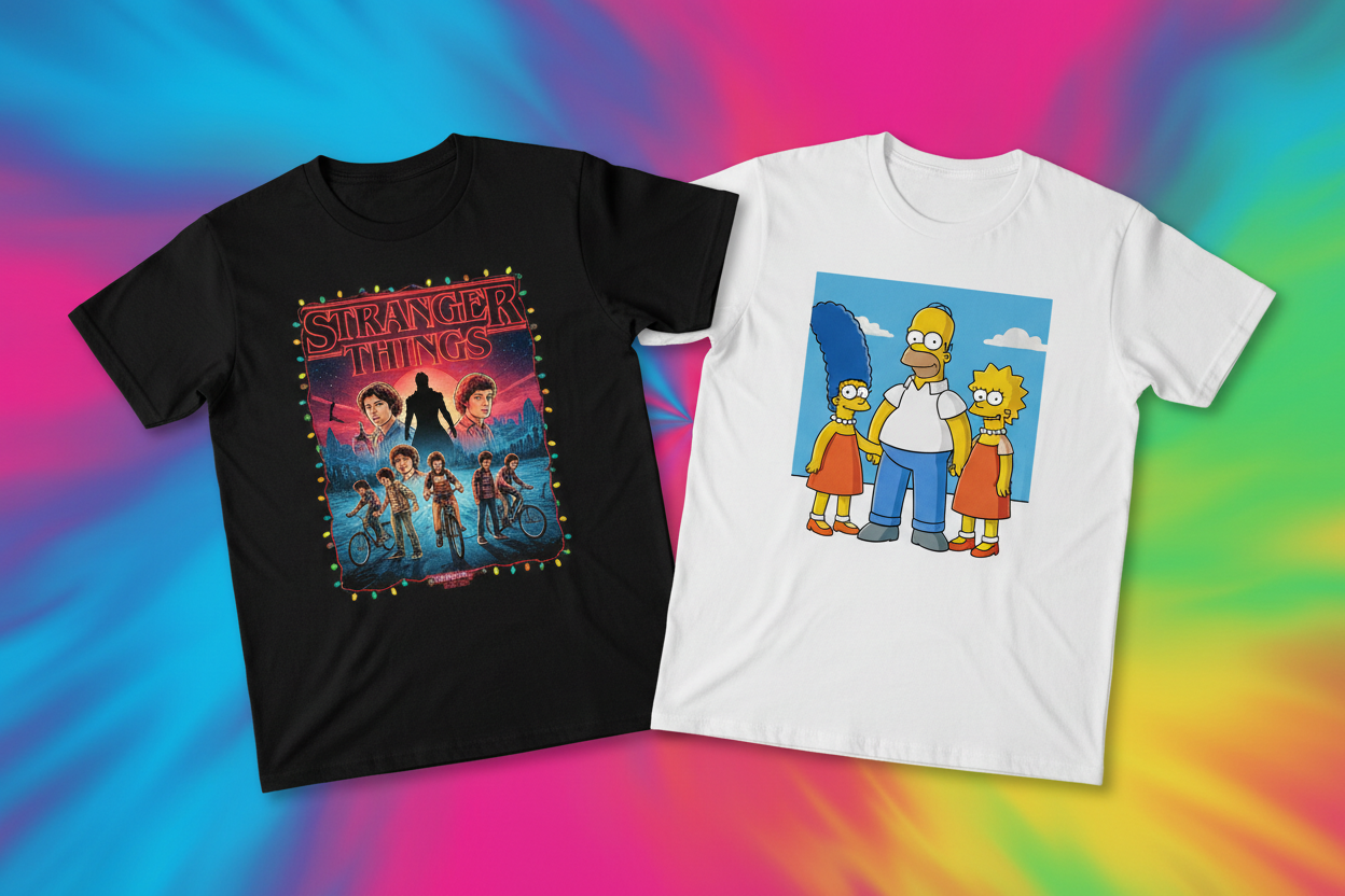 Fekete és fehér pólók Stranger Things és Simpsons mintával